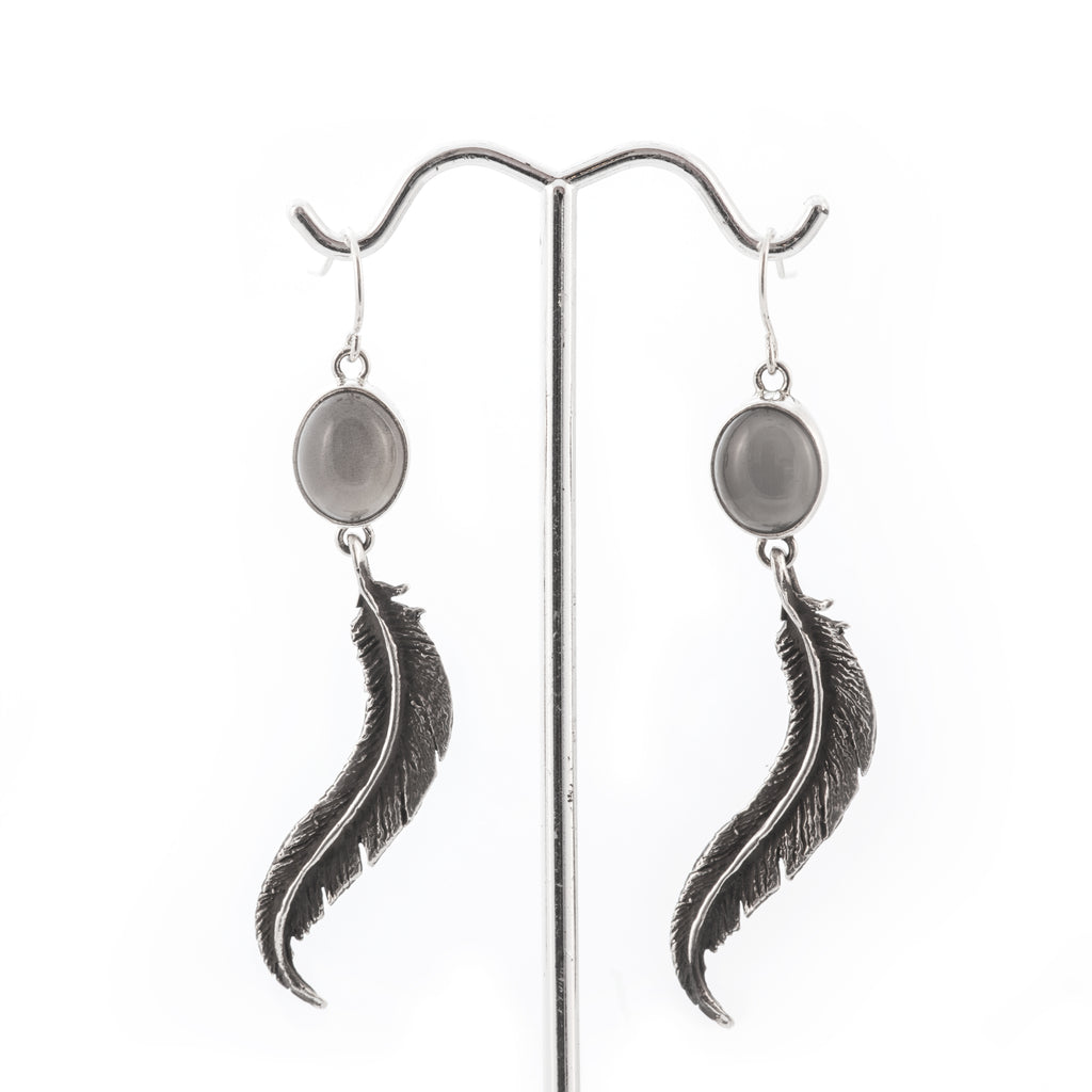 Grey Moonstone Feather Earrings