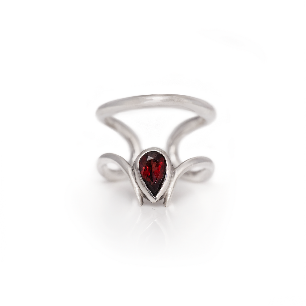 Silver ring with a heart-shaped red gemstone on a white background