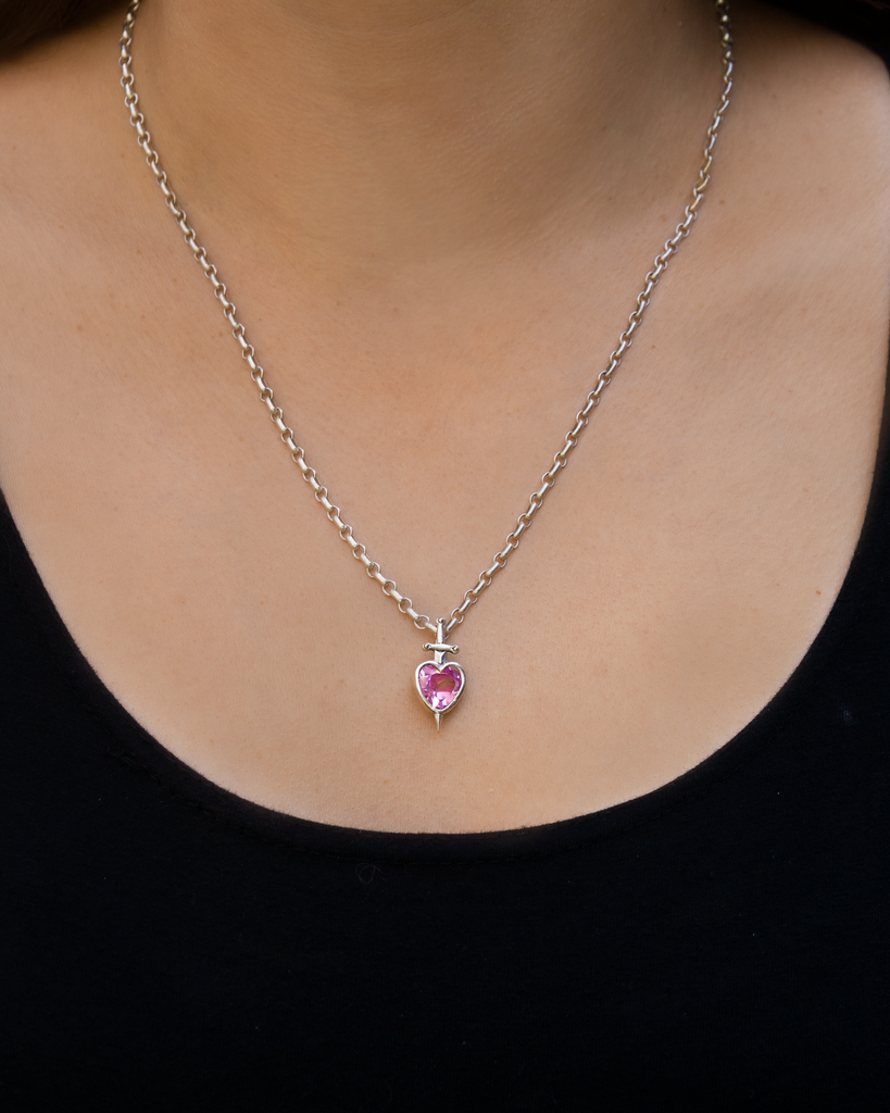 Pink Sapphire Sword-Pierced Heart Necklace